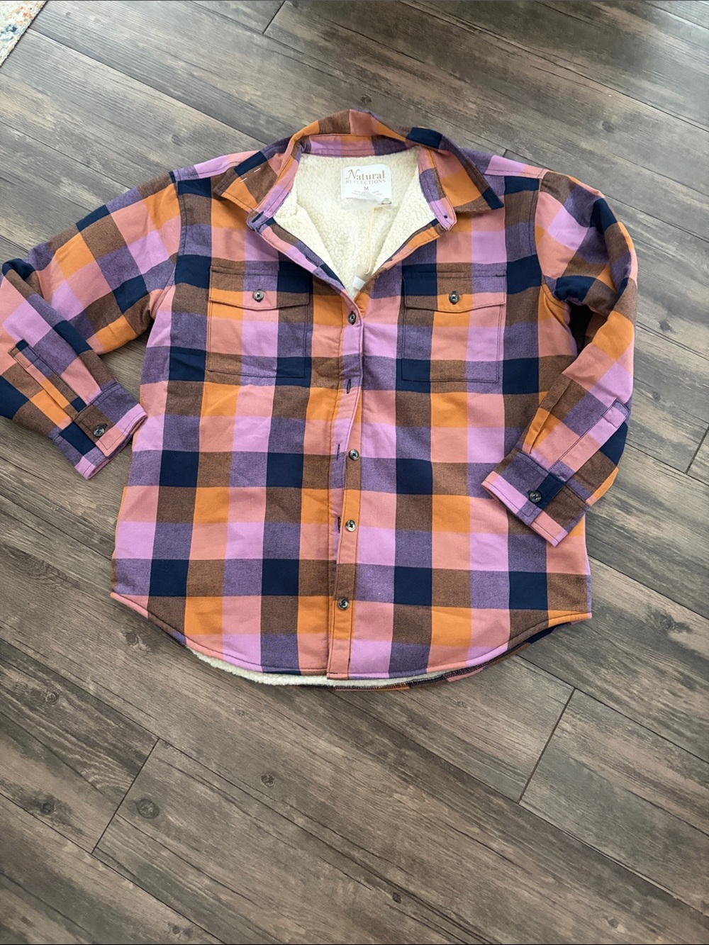 Natural Reflections Plaid Sherpa-Lined Jacket in Pink, Orange & Navy